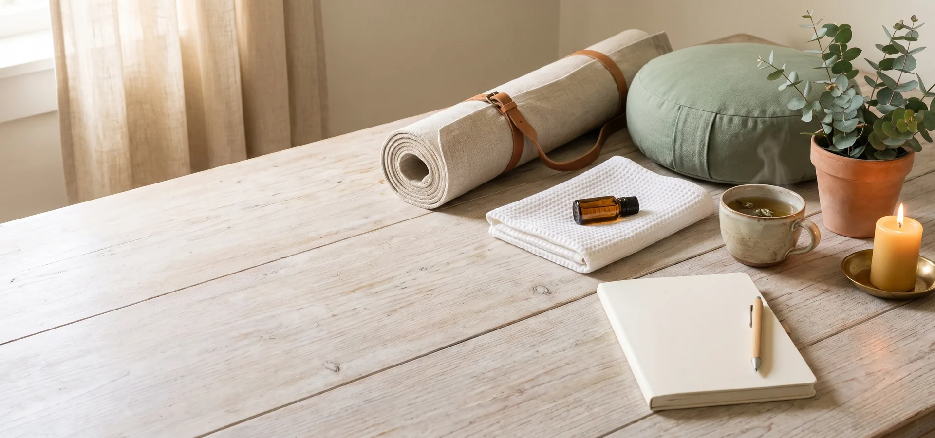 A linen yoga mat, meditation cushion, folded towel with essential oil, tea and a lit candle on a pale wooden table