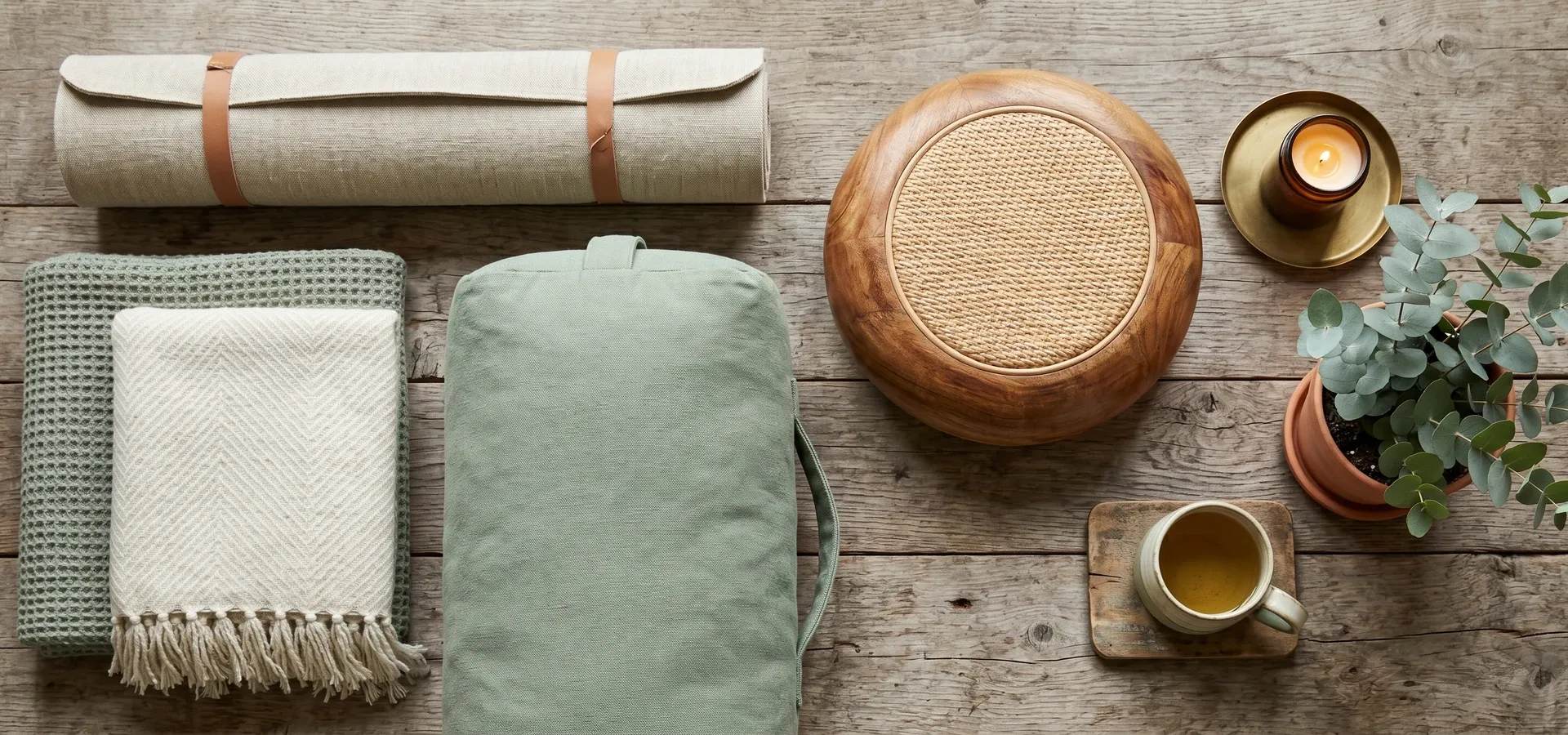 Yoga and therapy equipment laid out in warm natural light