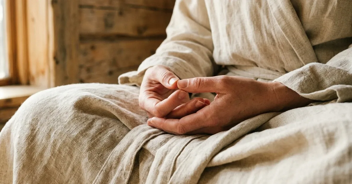 Hands resting in meditation mudra in soft morning light