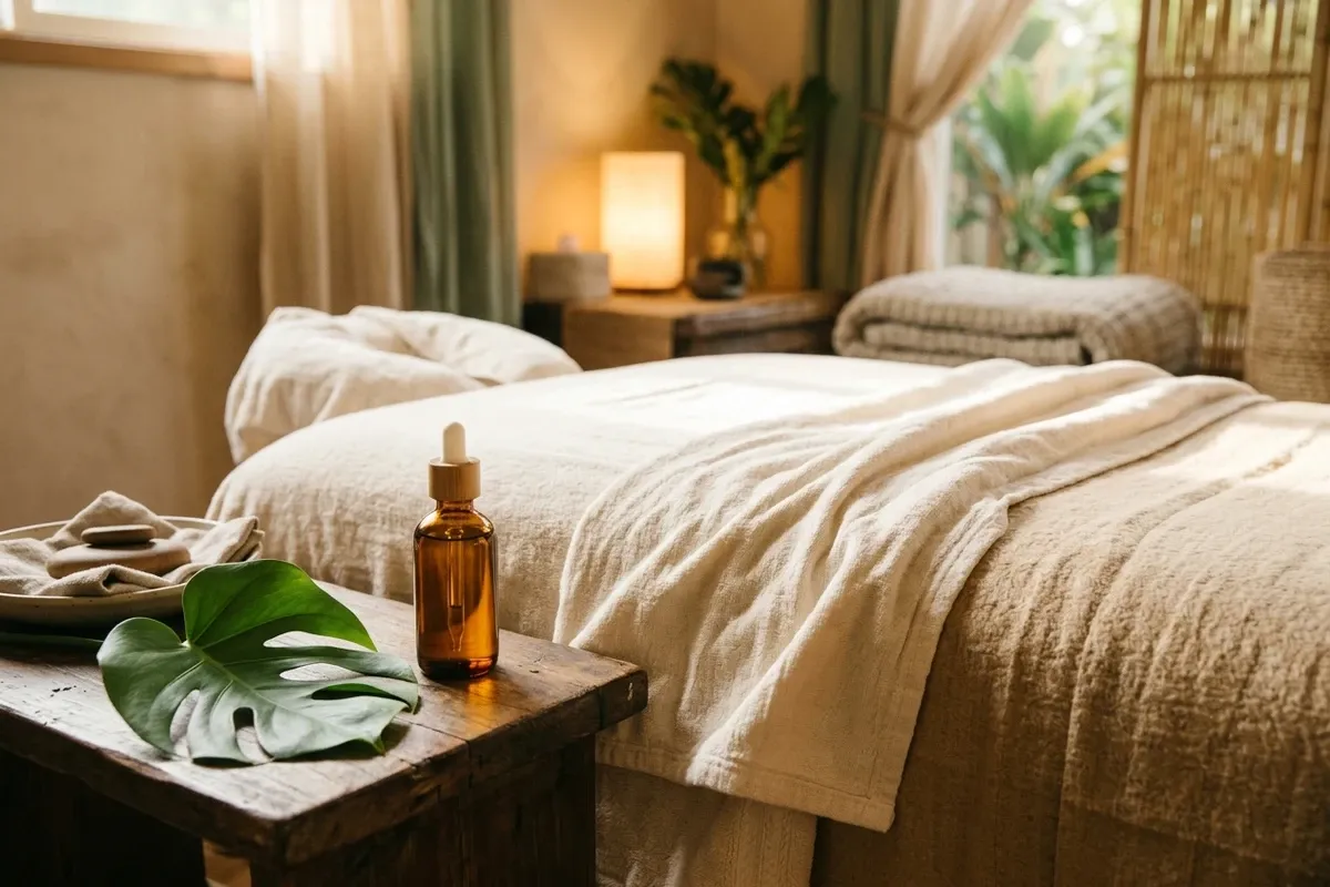 A warm treatment room with draped linen, a bottle of massage oil and a tropical leaf