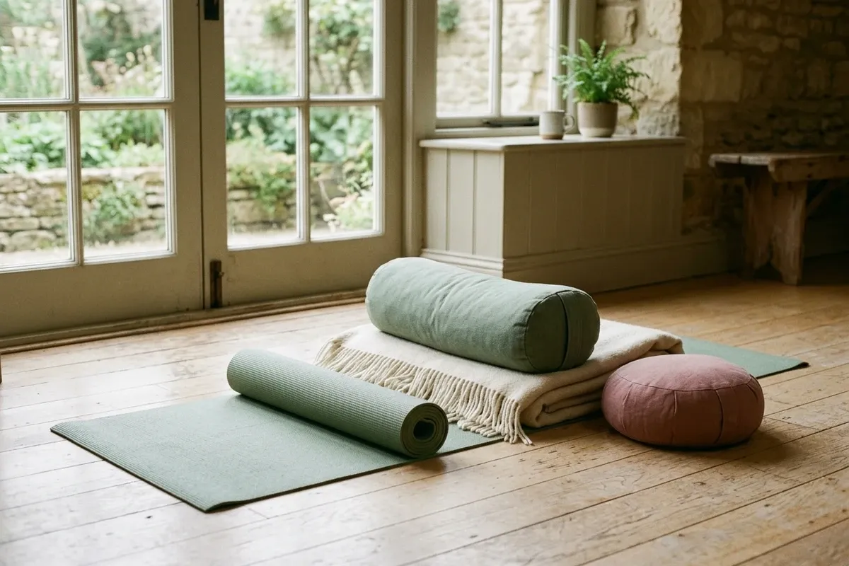 A rolled yoga mat, sage bolster, folded blanket and cushion on a wooden floor in a light village hall