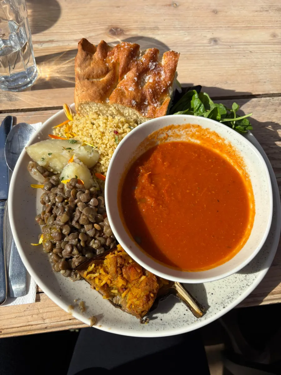 A plate of homemade plant-based lunch in the sun: tomato soup, lentils, couscous, potatoes, stuffed aubergine and fresh bread