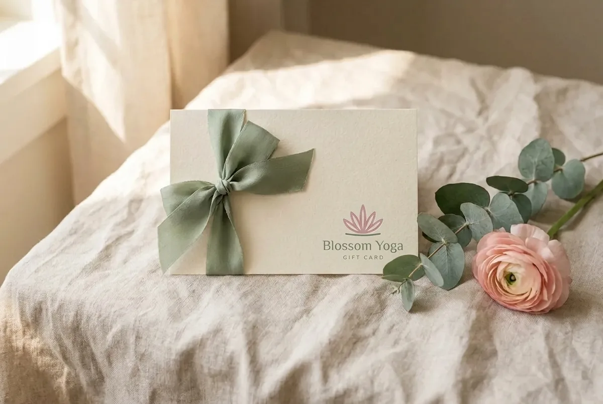 A cream gift card tied with a sage-green ribbon, beside a sprig of eucalyptus and a pink ranunculus