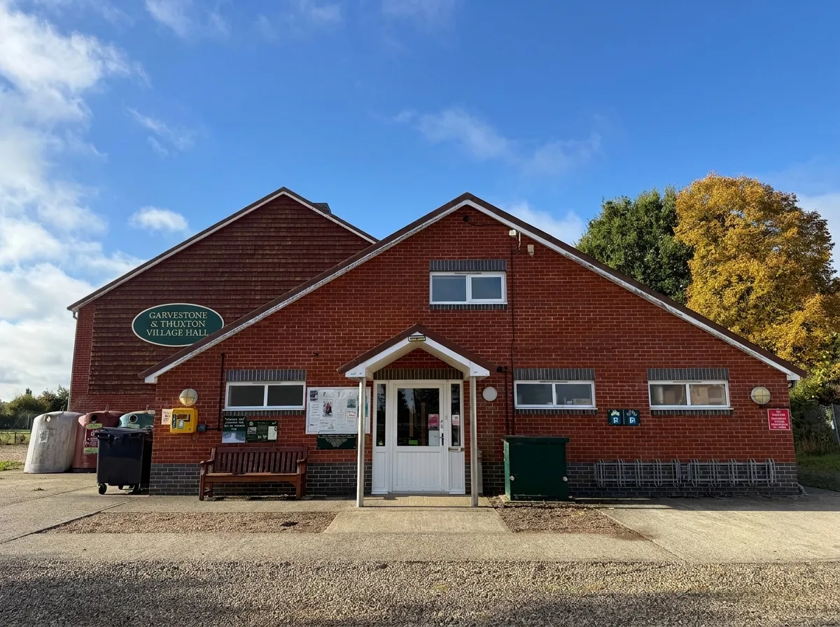 The outside of Garvestone & Thuxton Village Hall, where you arrive